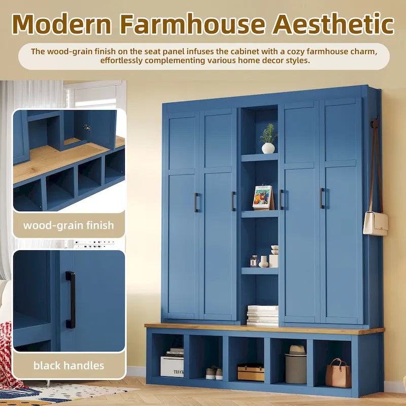 4-in-1 Farmhouse Hall Tree with Shoe Cabinet, Storage Bench, and 6 Hanging Hooks