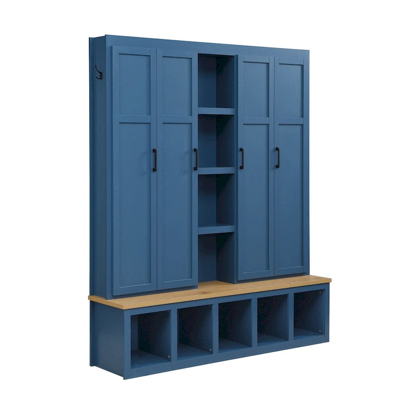 4-in-1 Farmhouse Hall Tree with Shoe Cabinet, Storage Bench, and 6 Hanging Hooks