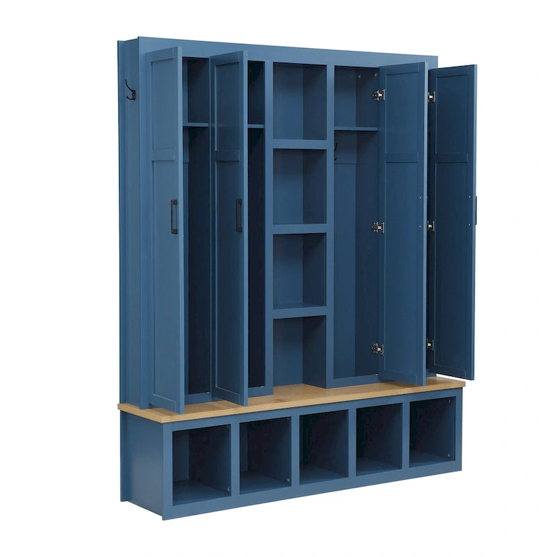 4-in-1 Farmhouse Hall Tree with Shoe Cabinet, Storage Bench, and 6 Hanging Hooks
