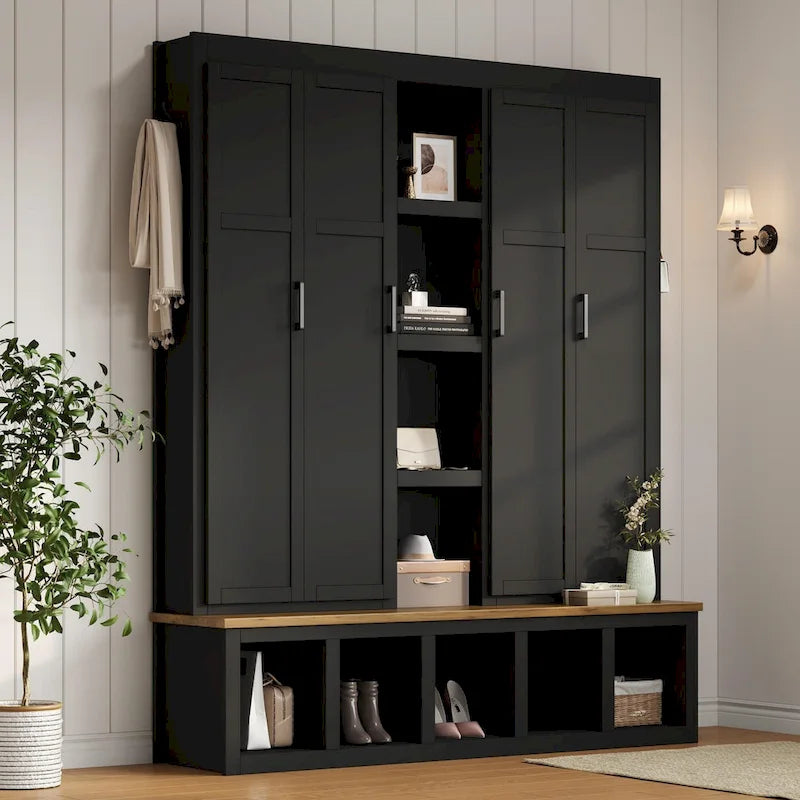 4-in-1 Farmhouse Hall Tree with Shoe Cabinet, Storage Bench, and 6 Hanging Hooks
