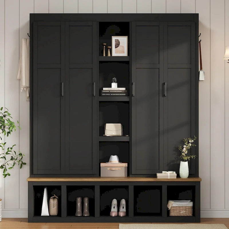 4-in-1 Farmhouse Hall Tree with Shoe Cabinet, Storage Bench, and 6 Hanging Hooks