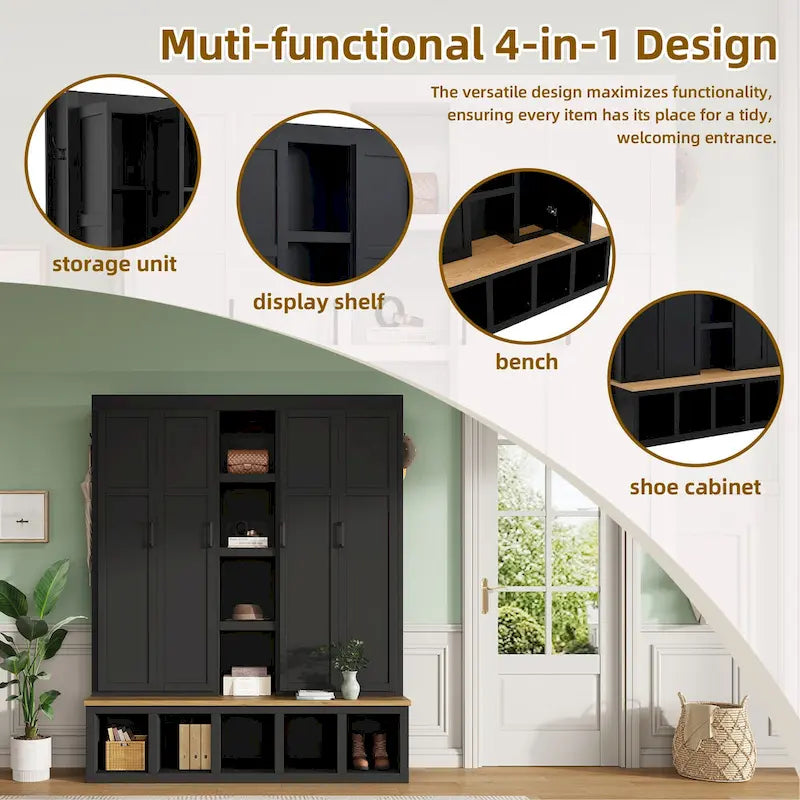 4-in-1 Farmhouse Hall Tree with Shoe Cabinet, Storage Bench, and 6 Hanging Hooks