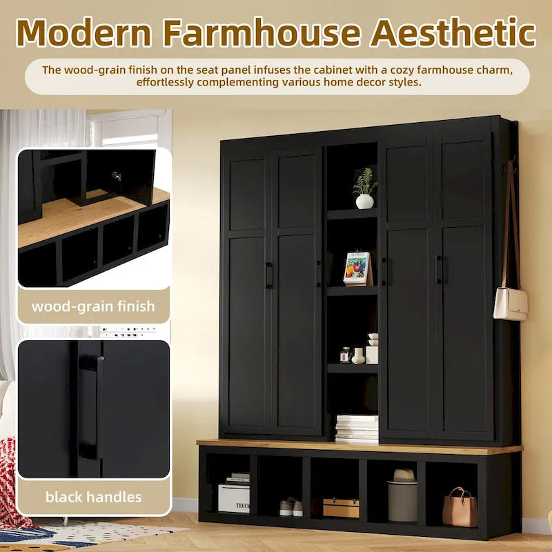 4-in-1 Farmhouse Hall Tree with Shoe Cabinet, Storage Bench, and 6 Hanging Hooks