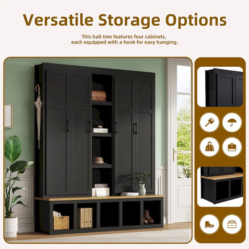 4-in-1 Farmhouse Hall Tree with Shoe Cabinet, Storage Bench, and 6 Hanging Hooks