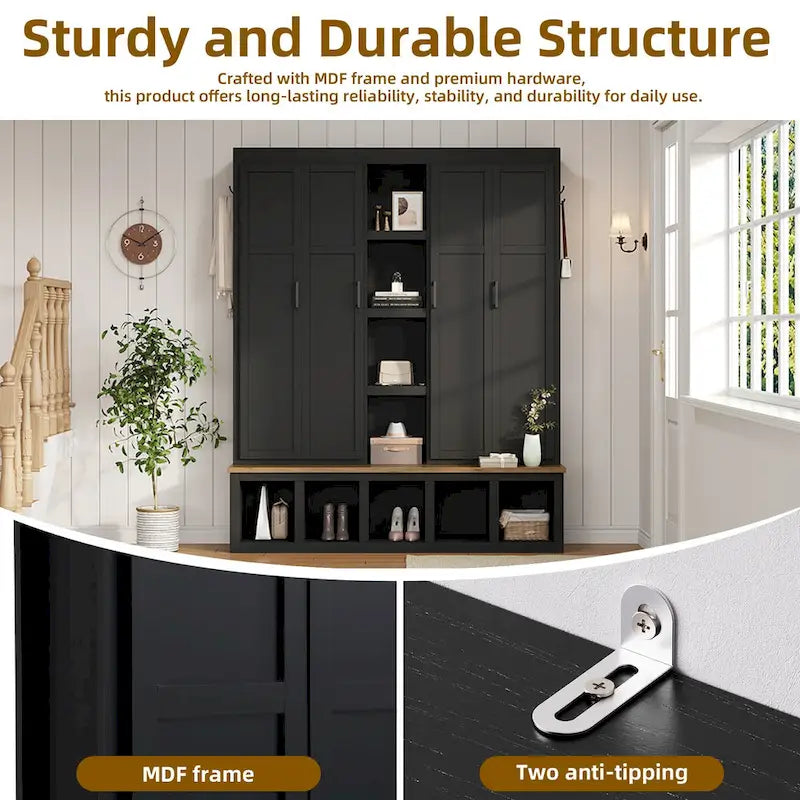 4-in-1 Farmhouse Hall Tree with Shoe Cabinet, Storage Bench, and 6 Hanging Hooks