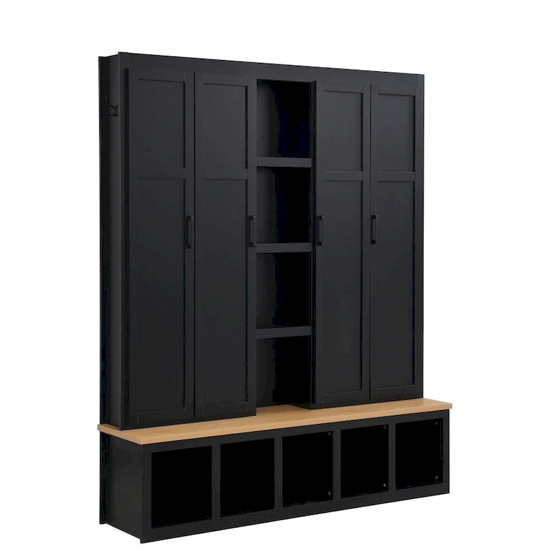 4-in-1 Farmhouse Hall Tree with Shoe Cabinet, Storage Bench, and 6 Hanging Hooks
