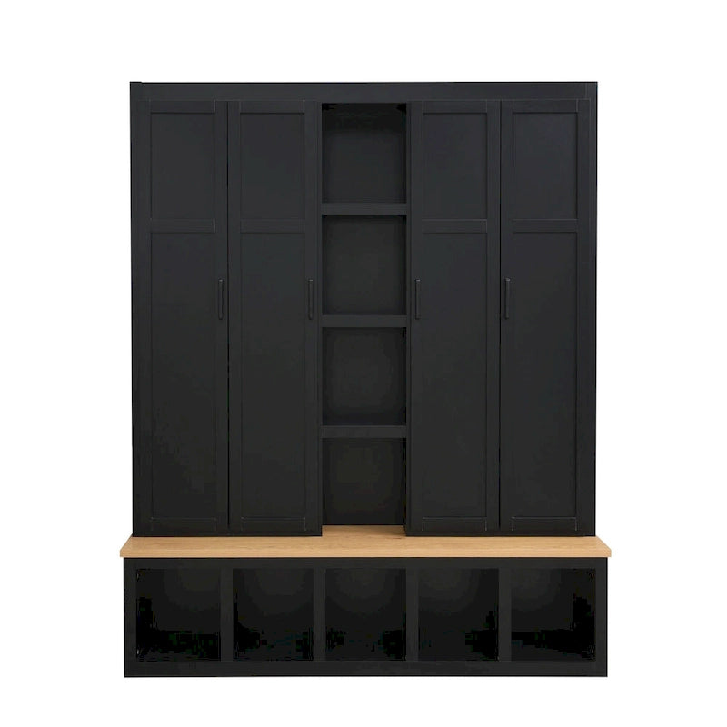 4-in-1 Farmhouse Hall Tree with Shoe Cabinet, Storage Bench, and 6 Hanging Hooks