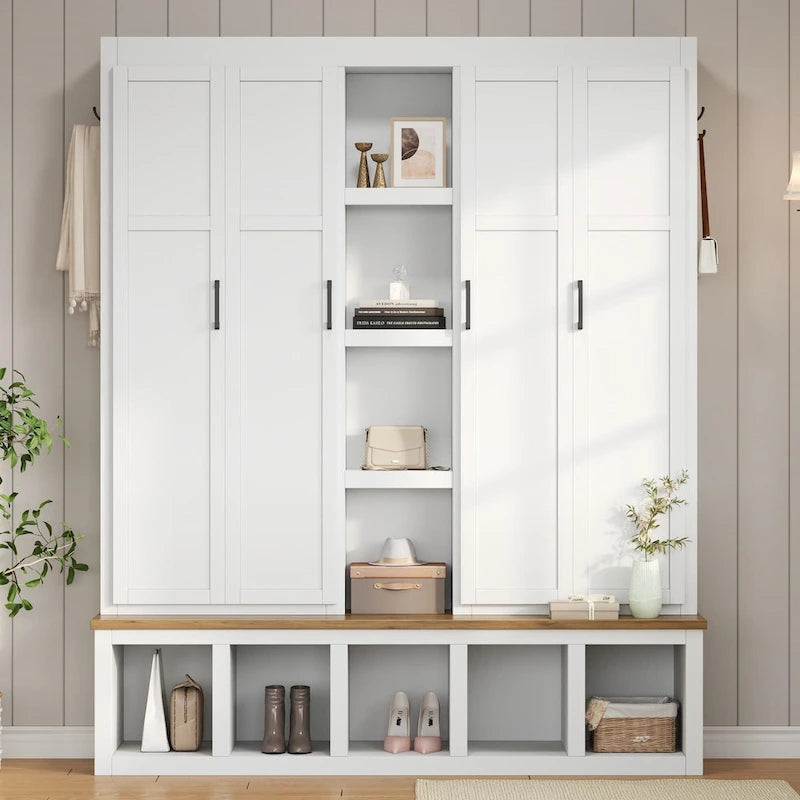 4-in-1 Farmhouse Hall Tree with Shoe Cabinet, Storage Bench, and 6 Hanging Hooks