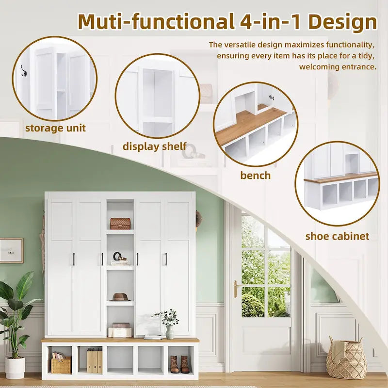 4-in-1 Farmhouse Hall Tree with Shoe Cabinet, Storage Bench, and 6 Hanging Hooks