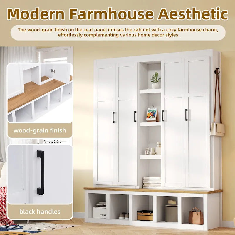 4-in-1 Farmhouse Hall Tree with Shoe Cabinet, Storage Bench, and 6 Hanging Hooks