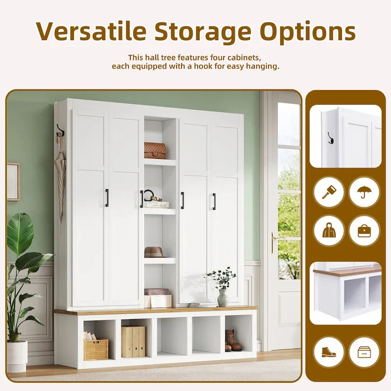 4-in-1 Farmhouse Hall Tree with Shoe Cabinet, Storage Bench, and 6 Hanging Hooks