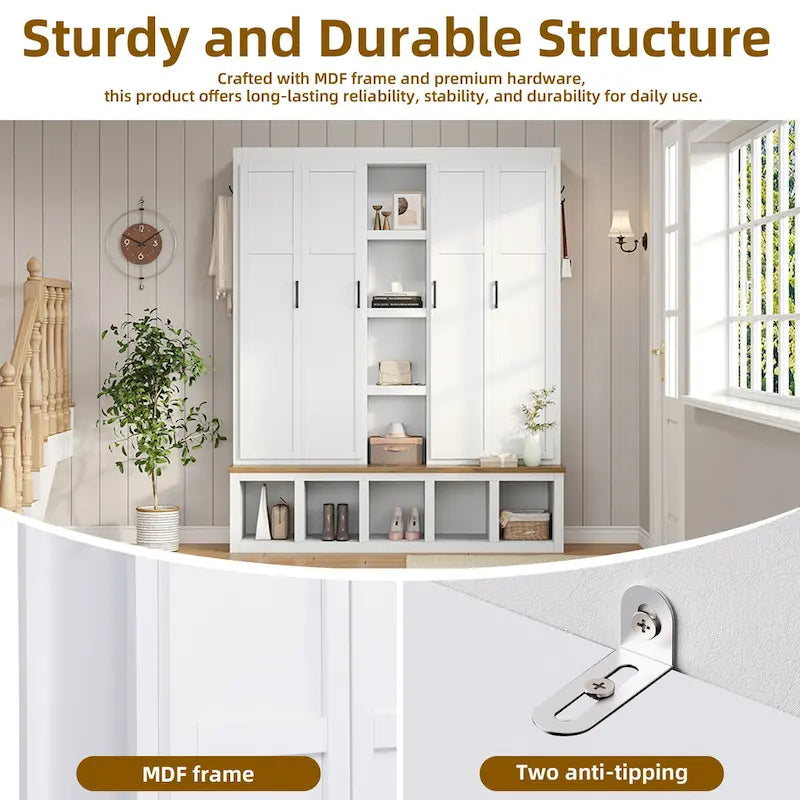 4-in-1 Farmhouse Hall Tree with Shoe Cabinet, Storage Bench, and 6 Hanging Hooks