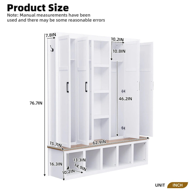 4-in-1 Farmhouse Hall Tree with Shoe Cabinet, Storage Bench, and 6 Hanging Hooks