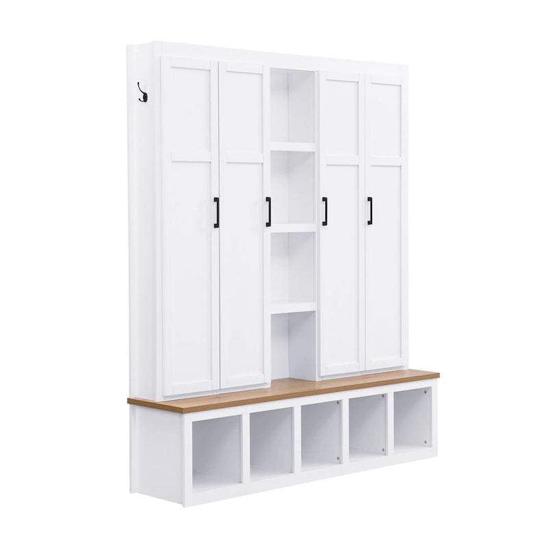 4-in-1 Farmhouse Hall Tree with Shoe Cabinet, Storage Bench, and 6 Hanging Hooks