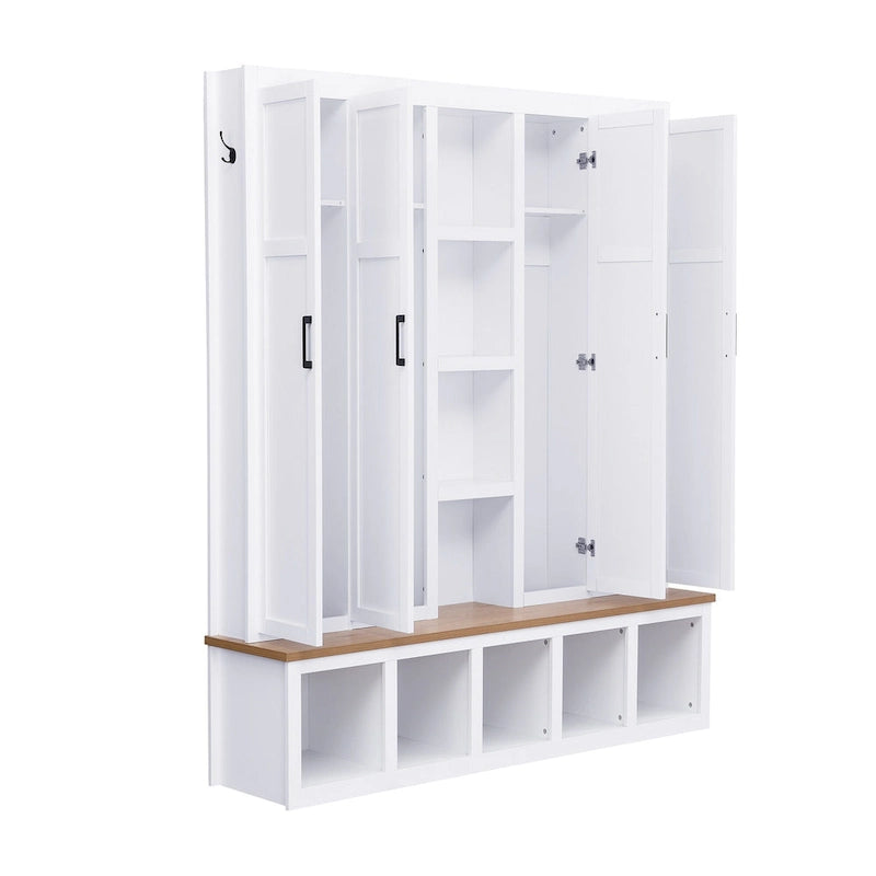 4-in-1 Farmhouse Hall Tree with Shoe Cabinet, Storage Bench, and 6 Hanging Hooks