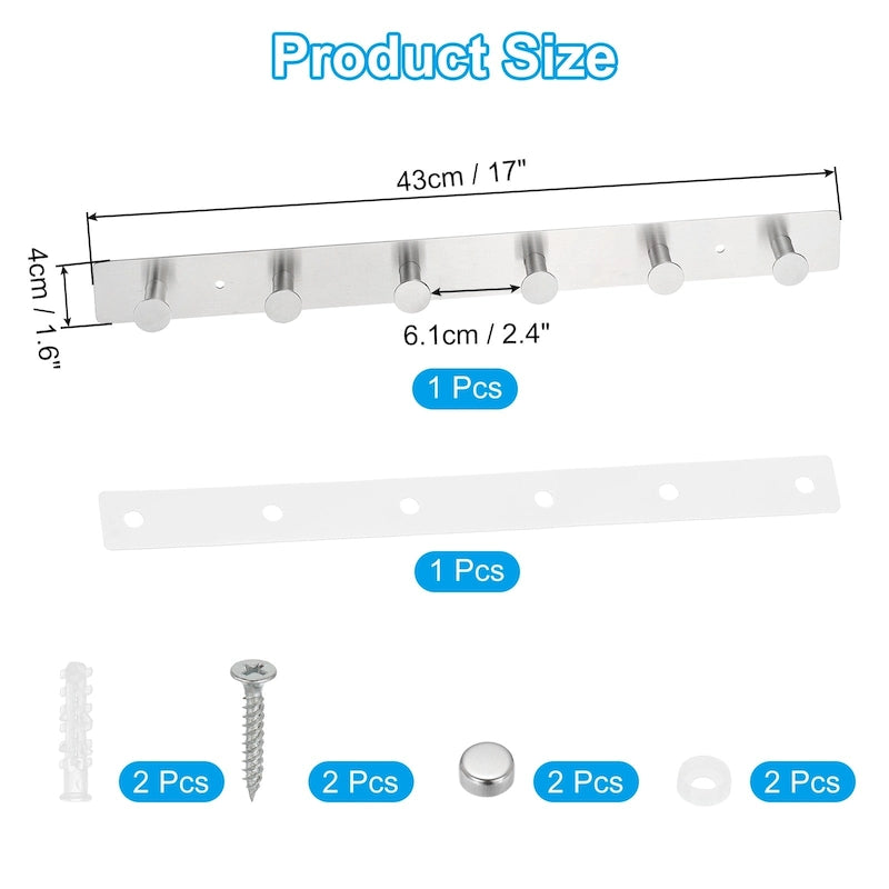 Wall Mount Coat Rack with Round Hooks Rail - Black 304 Stainless Steel, 4 or 6 Hooks