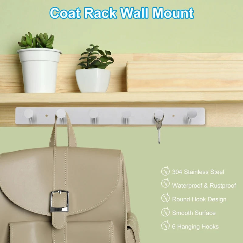 Wall Mount Coat Rack with Round Hooks Rail - Black 304 Stainless Steel, 4 or 6 Hooks