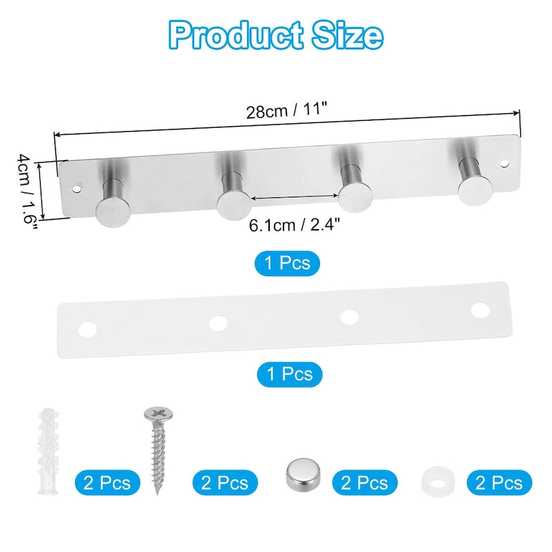 Wall Mount Coat Rack with Round Hooks Rail - Black 304 Stainless Steel, 4 or 6 Hooks