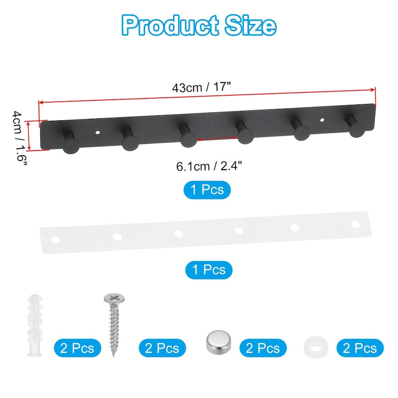 Wall Mount Coat Rack with Round Hooks Rail - Black 304 Stainless Steel, 4 or 6 Hooks