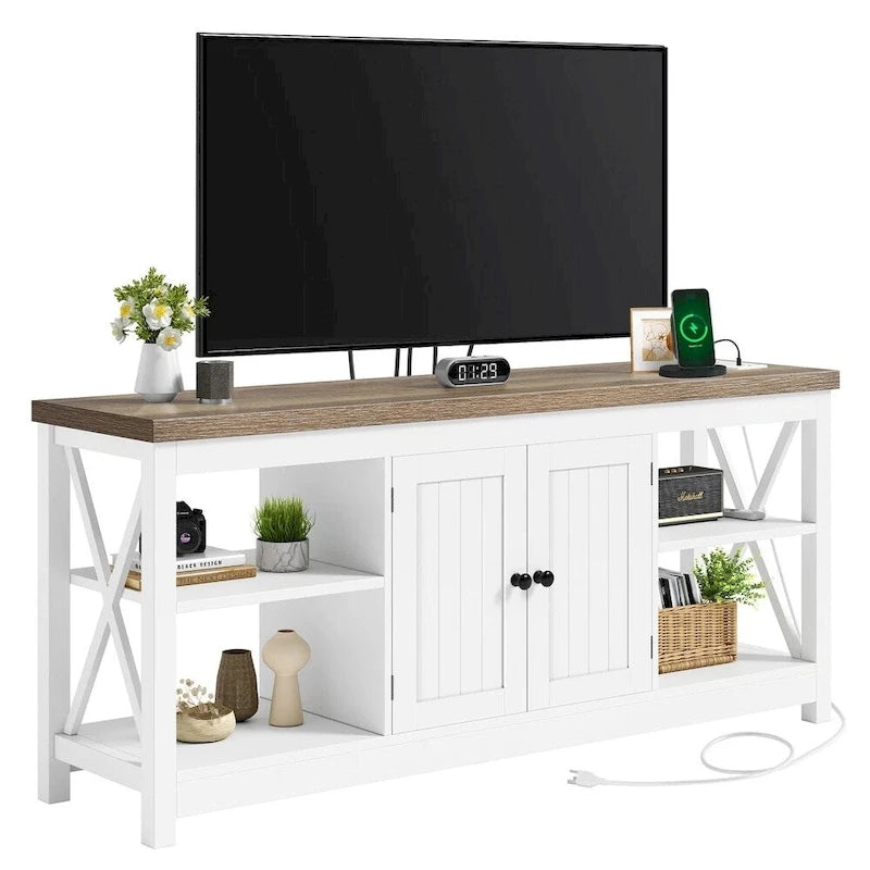 58" Farmhouse TV Stand with Power Outlets and USB Ports - White & Beige, Fits up to 65"