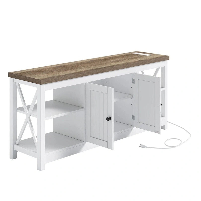 58" Farmhouse TV Stand with Power Outlets and USB Ports - White & Beige, Fits up to 65"