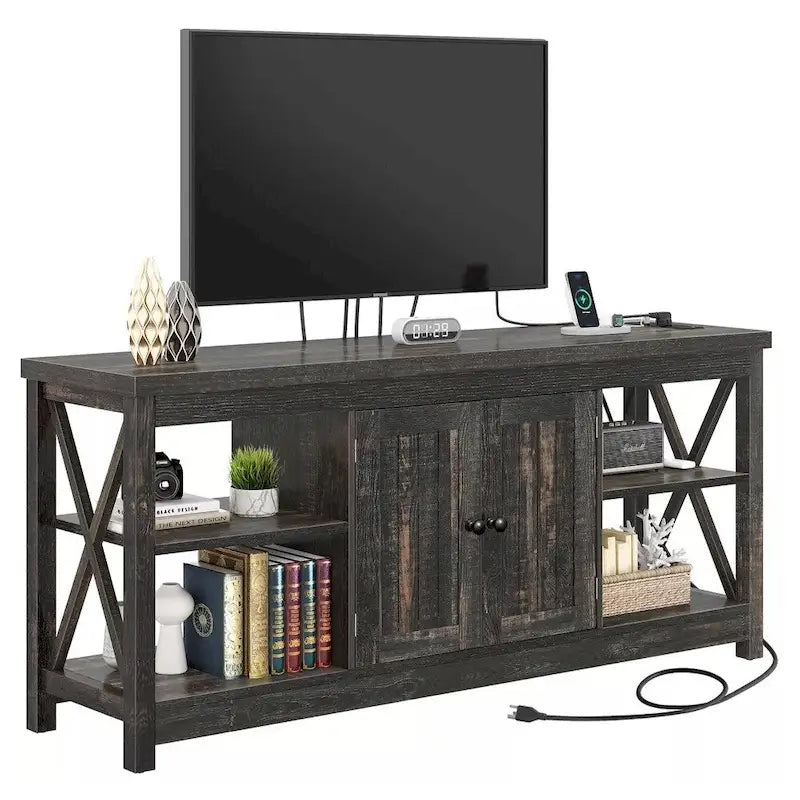 58" Farmhouse TV Stand with Power Outlets and USB Ports - Dark Gray, Fits up to 65"