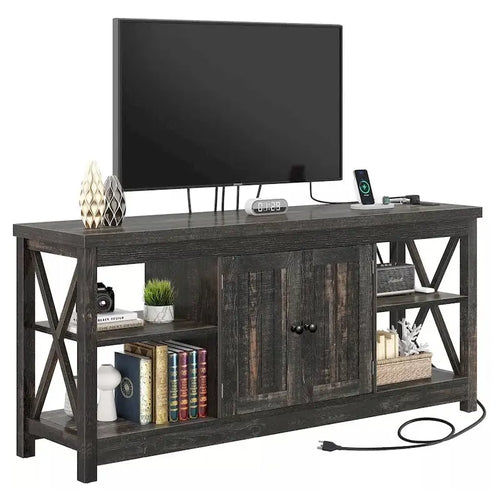 58" Farmhouse TV Stand with Power Outlets and USB Ports - Dark Gray, Fits up to 65"