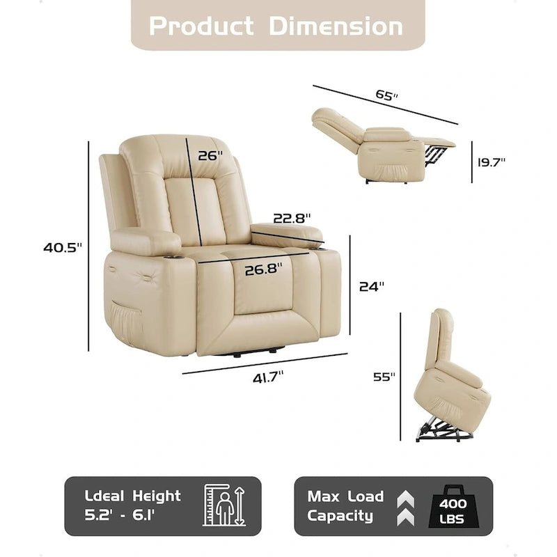 Leather Power Lift Recliner with Heat and 8-Point Massage - Medium or Large