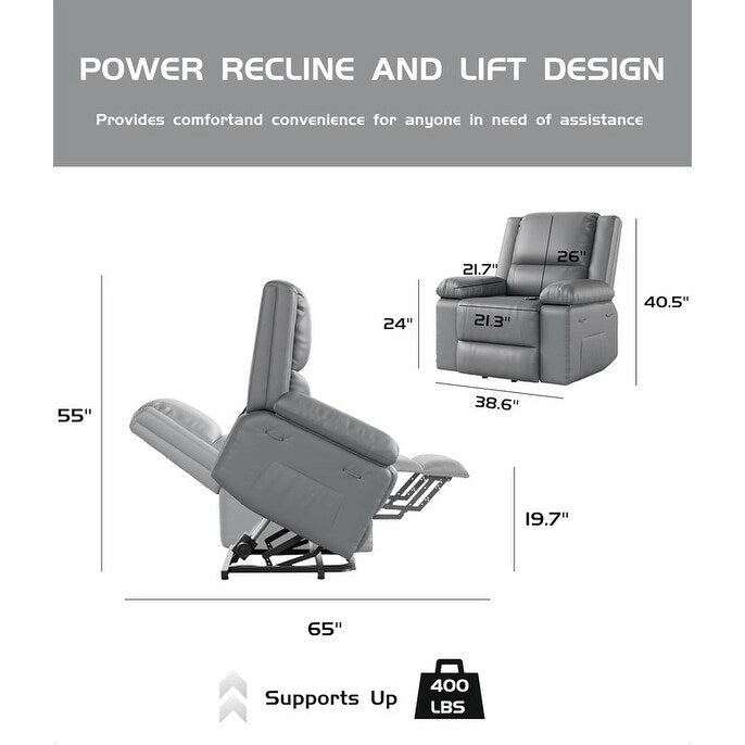 Leather Power Lift Recliner with Heat and 8-Point Massage - Medium or Large
