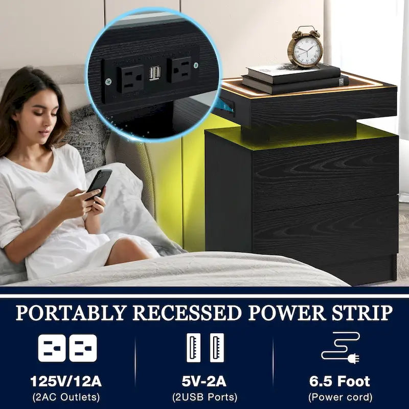 LED Nightstand with Charging Station, Drawers, and RGB Lights