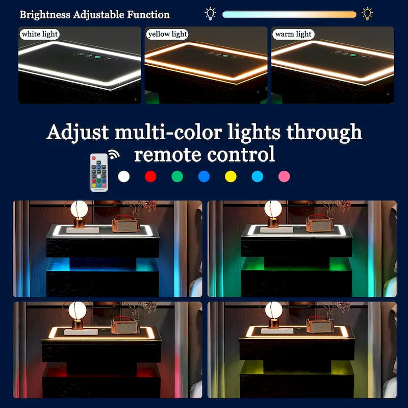 LED Nightstand with Charging Station, Drawers, and RGB Lights