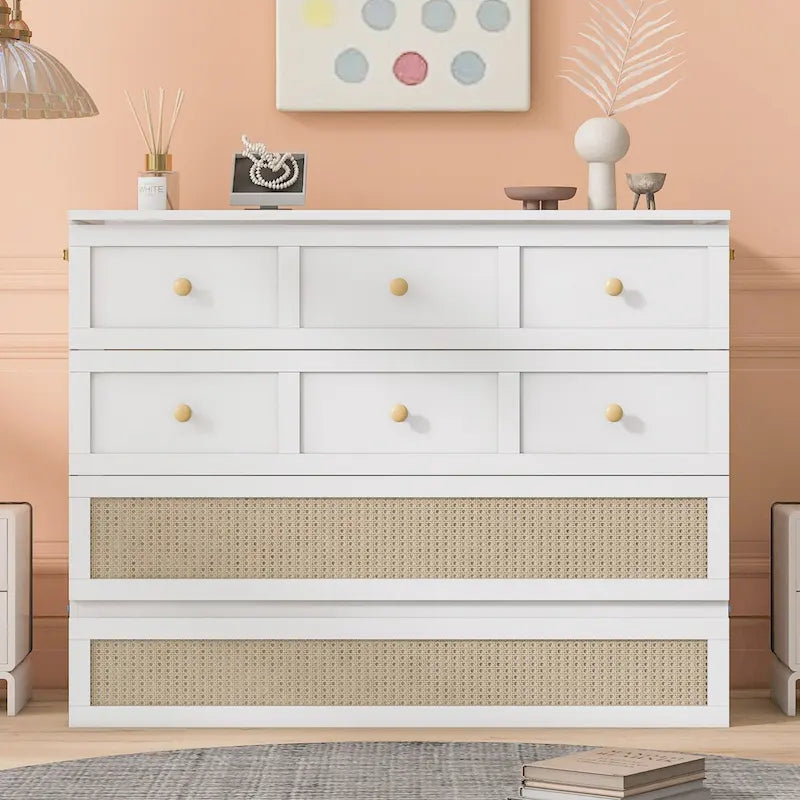 White Queen Size Murphy Bed with Storage Drawers and Rattan Panel Design