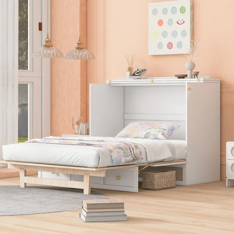 White Queen Size Murphy Bed with Storage Drawers and Rattan Panel Design