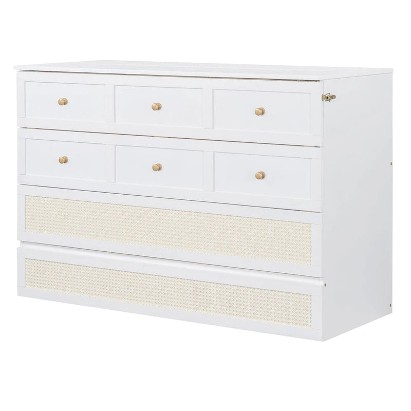 White Queen Size Murphy Bed with Storage Drawers and Rattan Panel Design