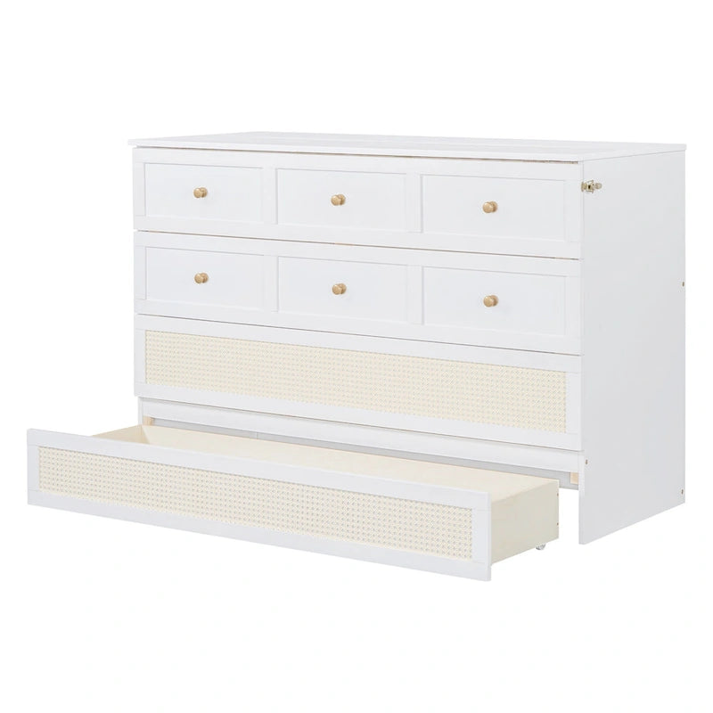 White Queen Size Murphy Bed with Storage Drawers and Rattan Panel Design