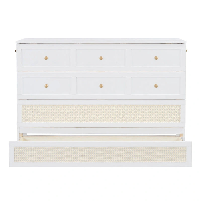 White Queen Size Murphy Bed with Storage Drawers and Rattan Panel Design