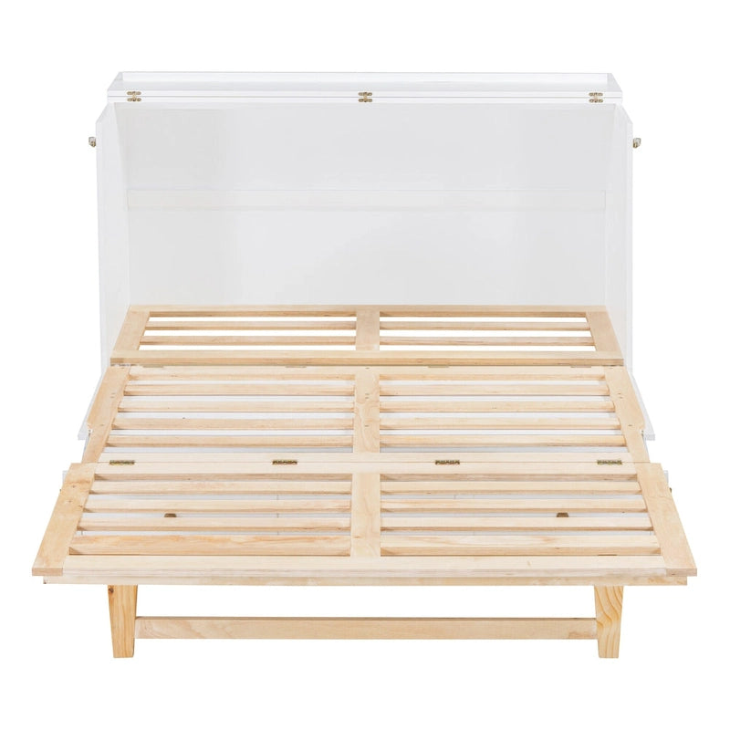 White Queen Size Murphy Bed with Storage Drawers and Rattan Panel Design