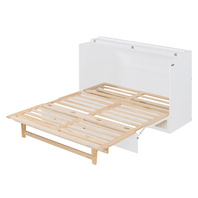 White Queen Size Murphy Bed with Storage Drawers and Rattan Panel Design