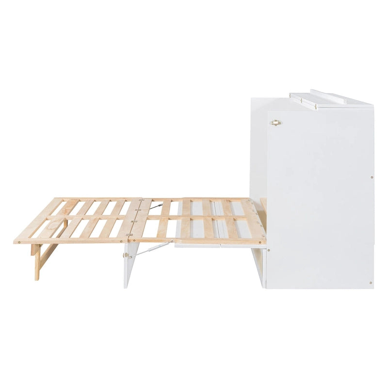 White Queen Size Murphy Bed with Storage Drawers and Rattan Panel Design