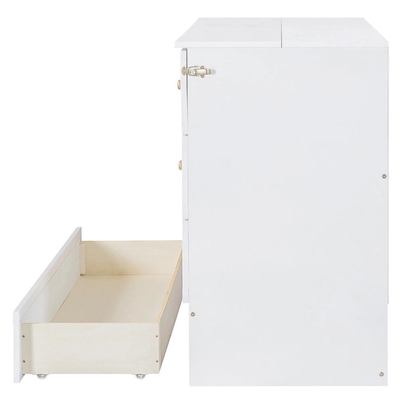 White Queen Size Murphy Bed with Storage Drawers and Rattan Panel Design