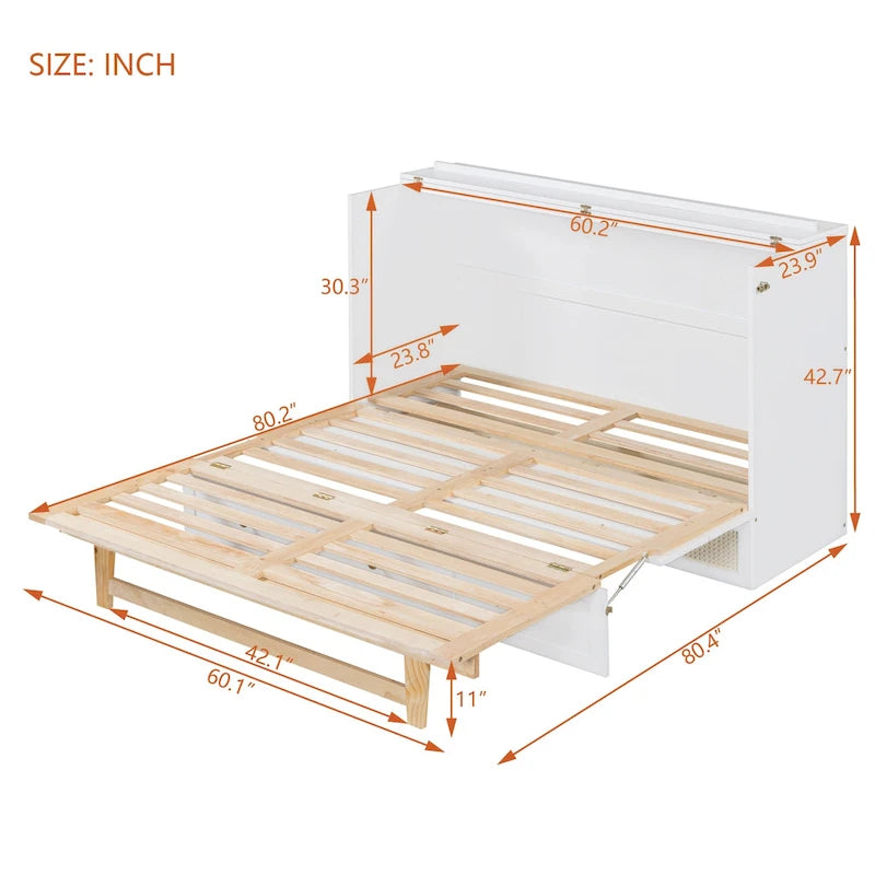 White Queen Size Murphy Bed with Storage Drawers and Rattan Panel Design