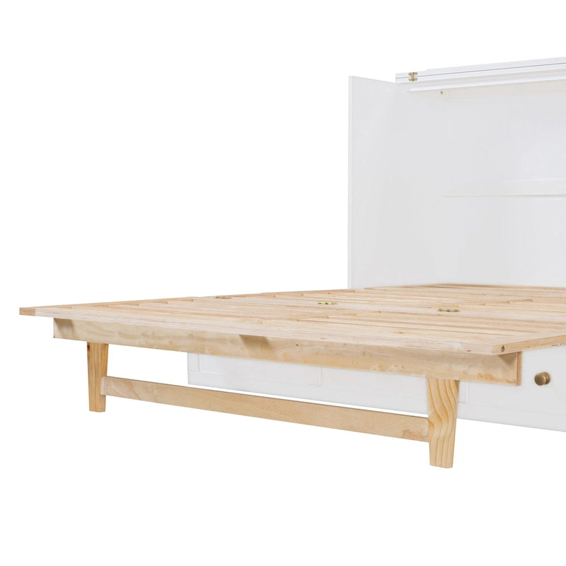 White Queen Size Murphy Bed with Storage Drawers and Rattan Panel Design