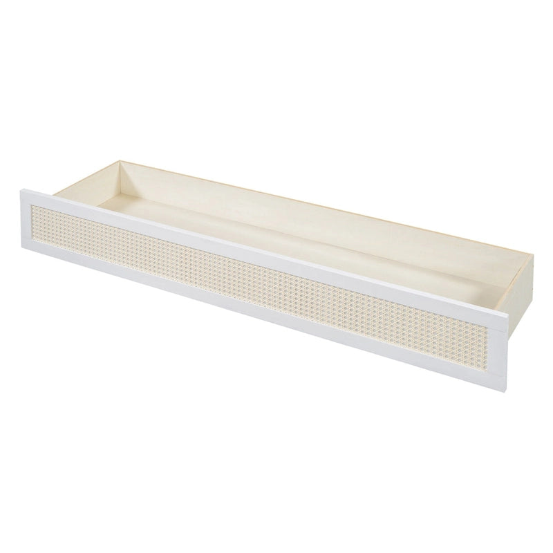 White Queen Size Murphy Bed with Storage Drawers and Rattan Panel Design