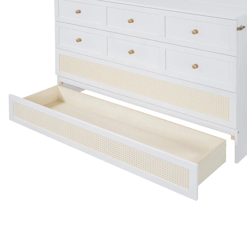 White Queen Size Murphy Bed with Storage Drawers and Rattan Panel Design