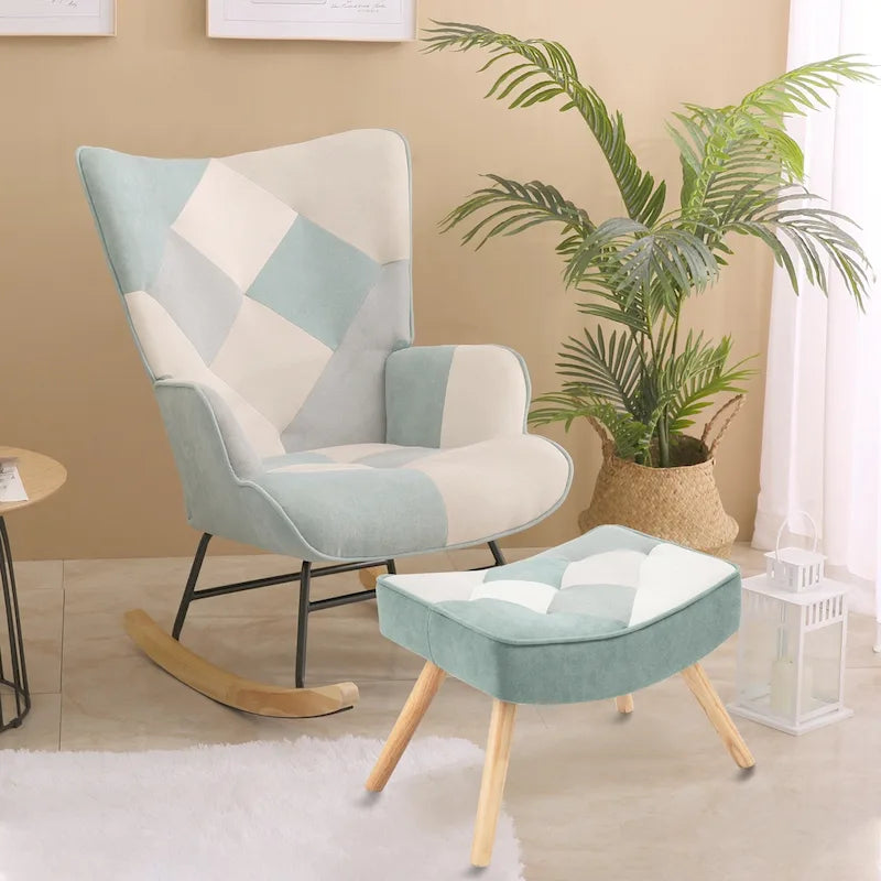 Blue Colorful High Back Upholstered Rocking Chair with Ottoman and Wood Legs