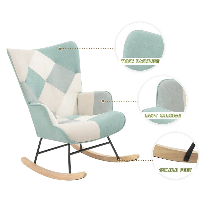 Blue Colorful High Back Upholstered Rocking Chair with Ottoman and Wood Legs