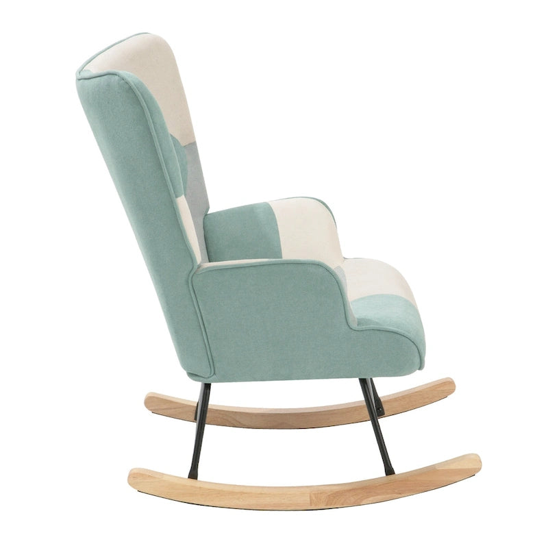 Blue Colorful High Back Upholstered Rocking Chair with Ottoman and Wood Legs