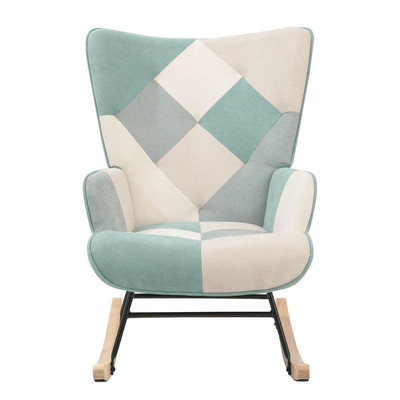 Blue Colorful High Back Upholstered Rocking Chair with Ottoman and Wood Legs