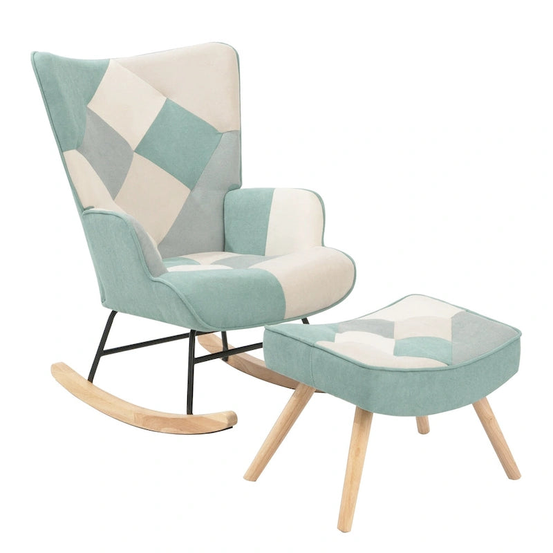 Blue Colorful High Back Upholstered Rocking Chair with Ottoman and Wood Legs