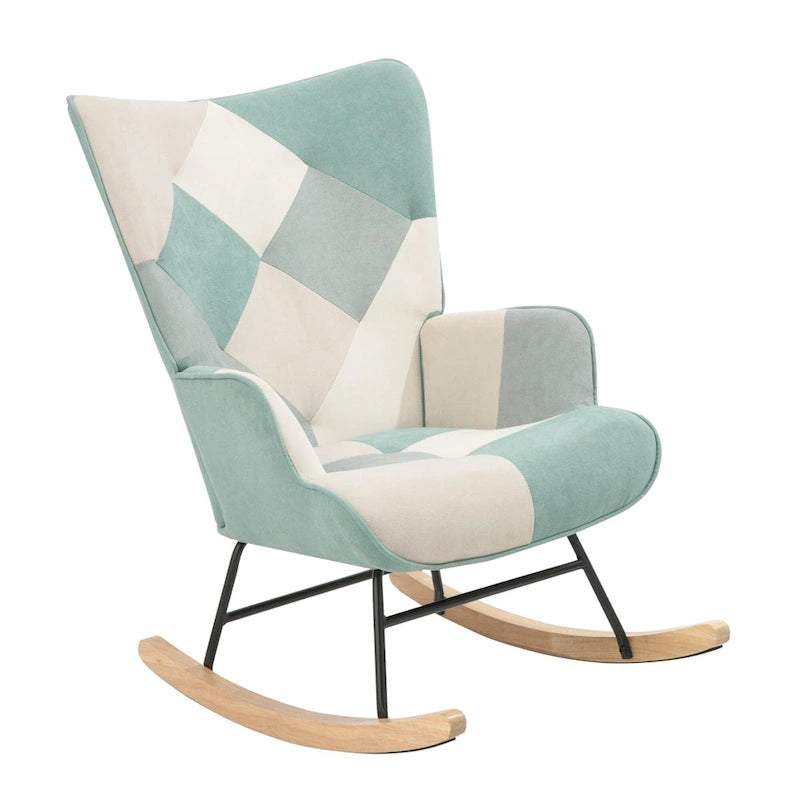 Blue Colorful High Back Upholstered Rocking Chair with Ottoman and Wood Legs